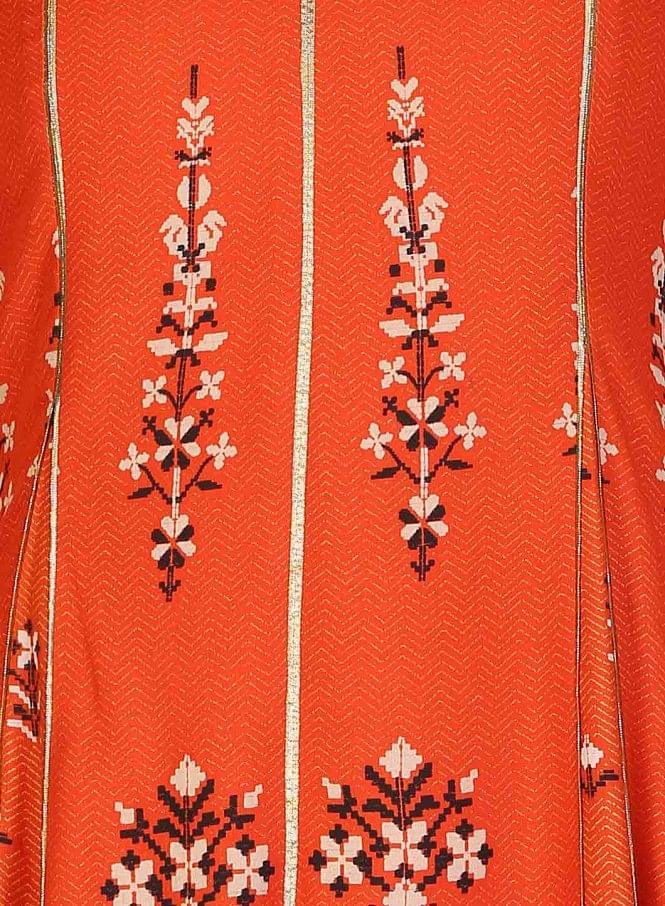 Orange Mandarin Neck Printed kurta - wforwoman
