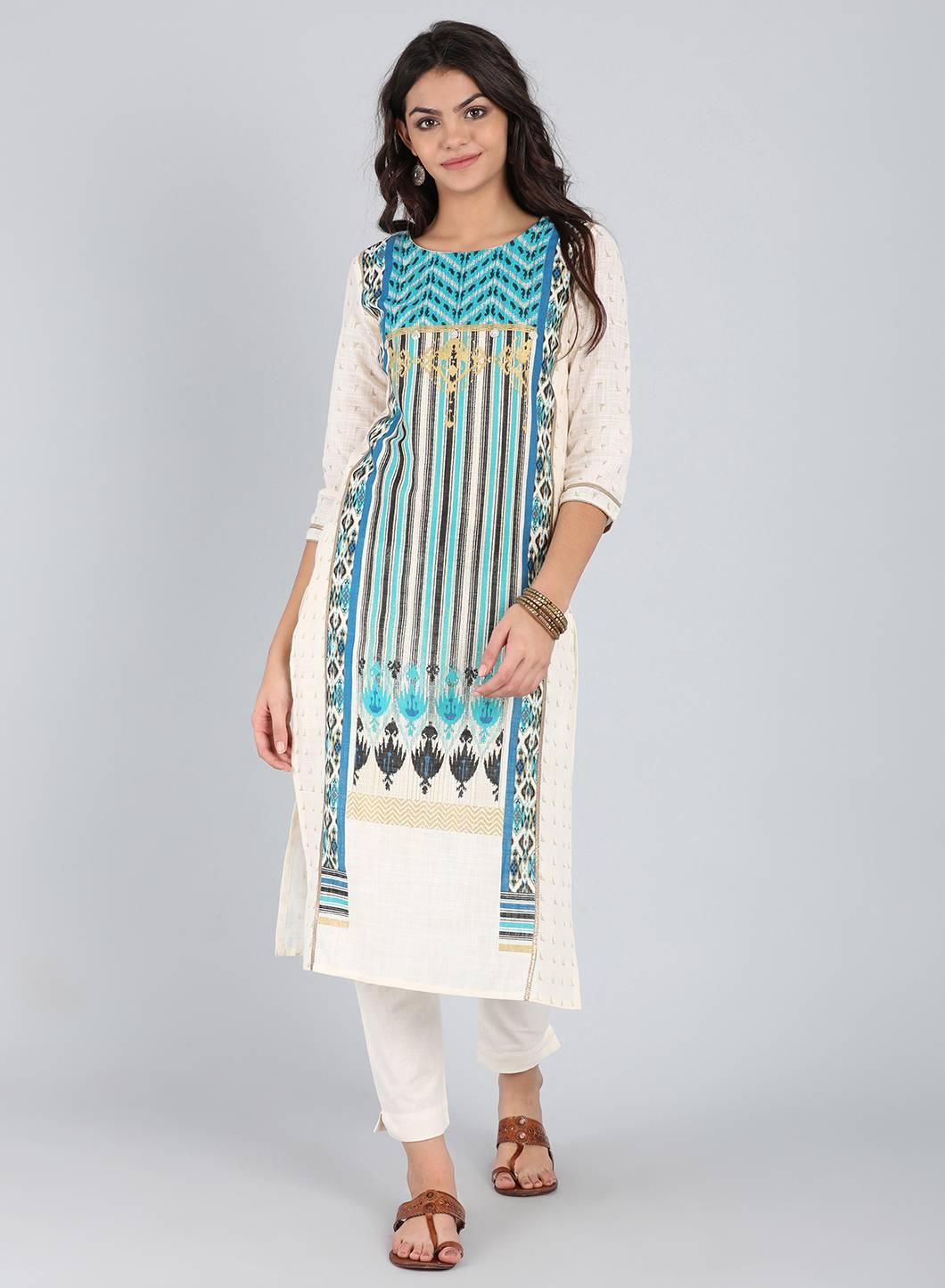 White & Blue Round Neck Printed kurta - wforwoman