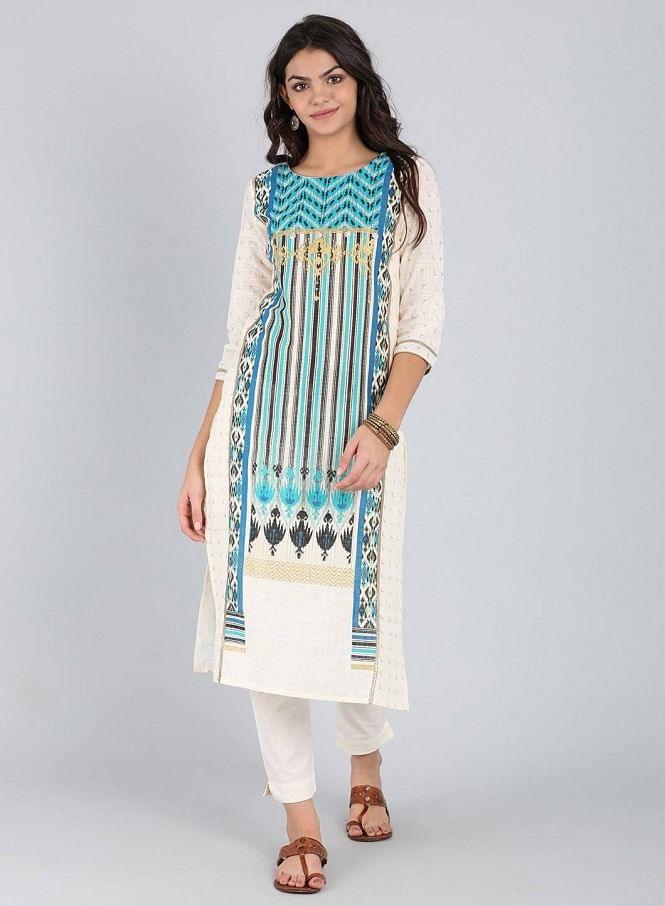 White & Blue Round Neck Printed kurta - wforwoman