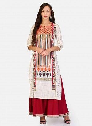 White & Maroon Round Neck Printed kurta - wforwoman
