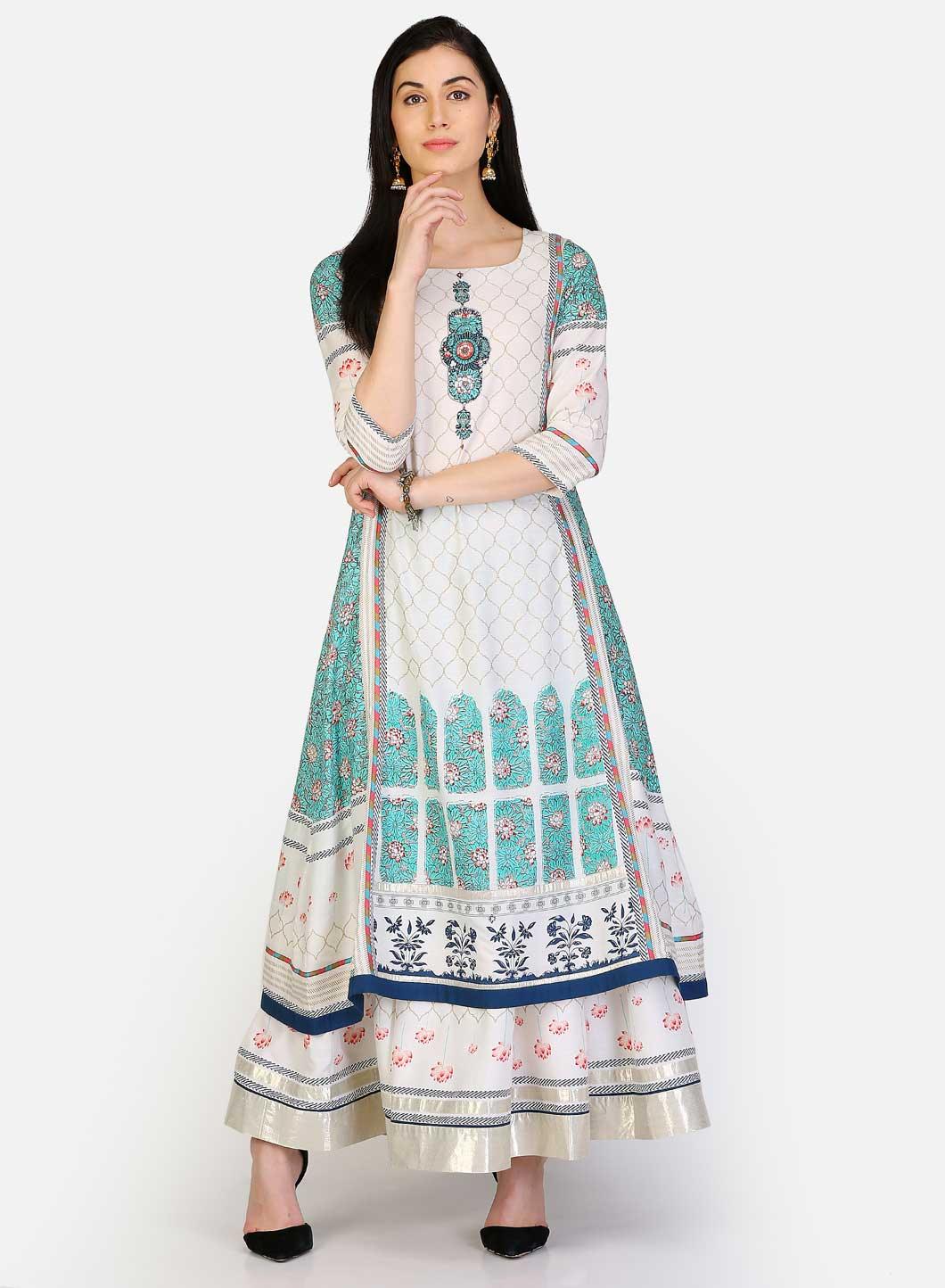 White & Green Round Neck Printed kurta - wforwoman
