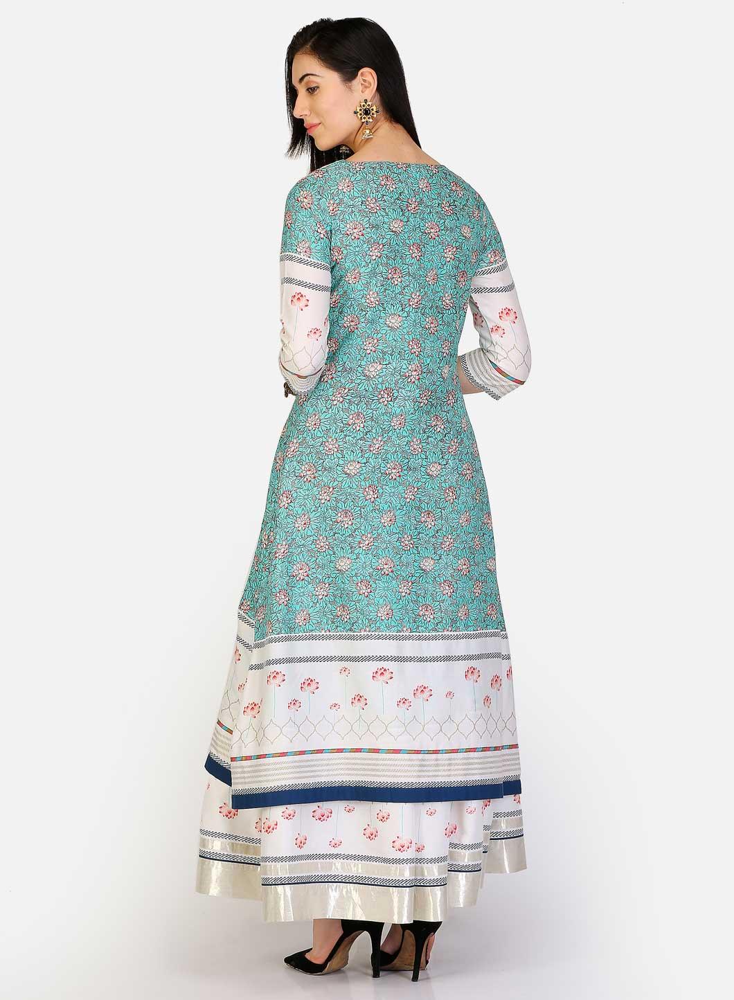White & Green Round Neck Printed kurta - wforwoman