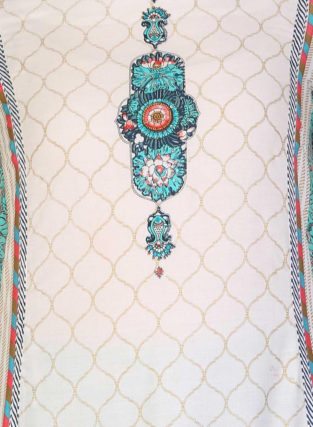 White & Green Round Neck Printed kurta - wforwoman