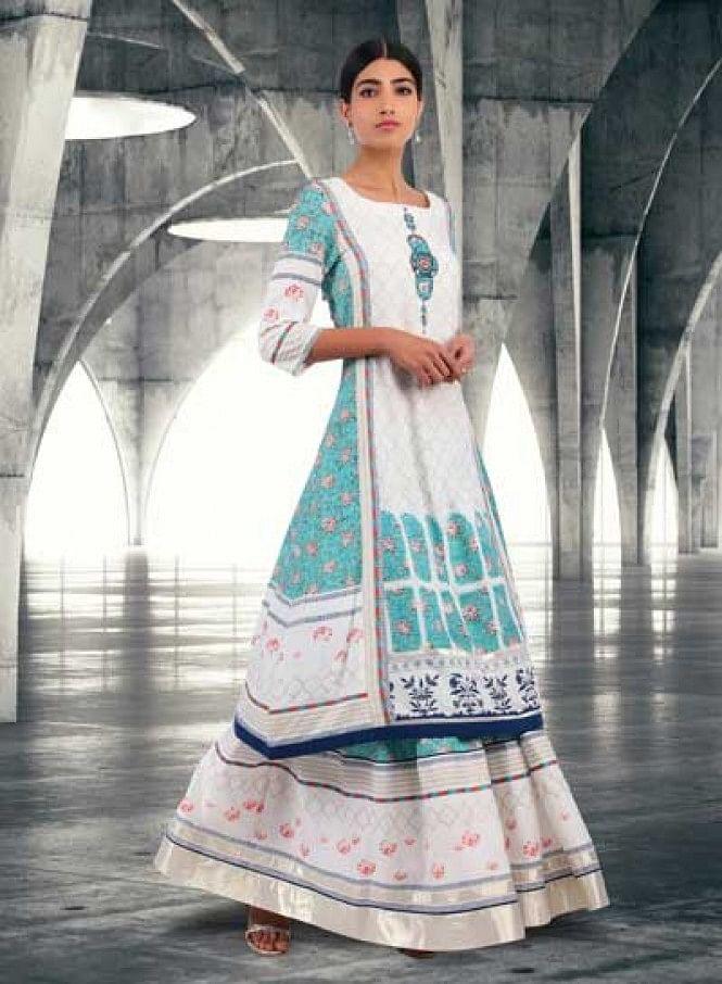 White & Green Round Neck Printed kurta - wforwoman