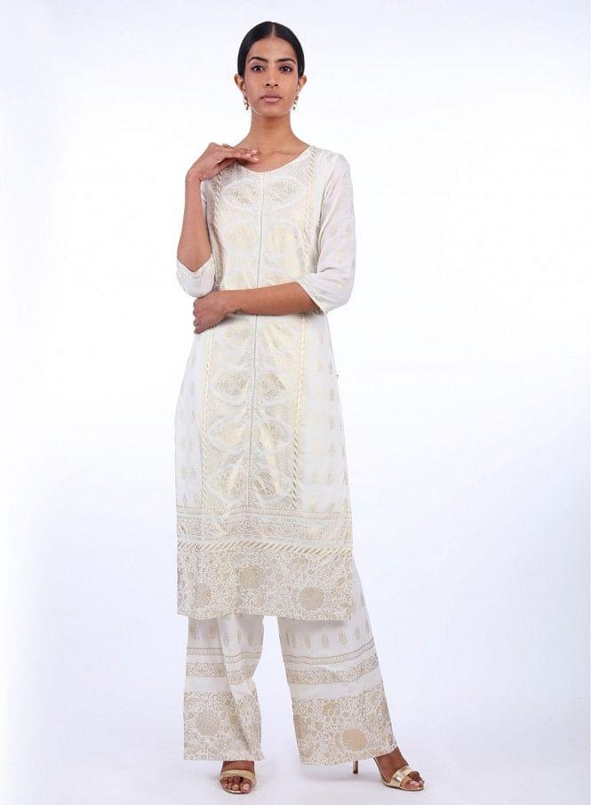White Round Neck Printed kurta - wforwoman
