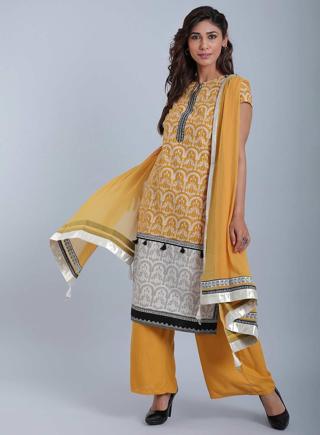 Yellow Printed Round Neck kurta - wforwoman