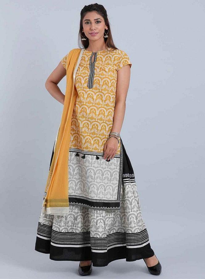 Yellow Printed Round Neck kurta - wforwoman