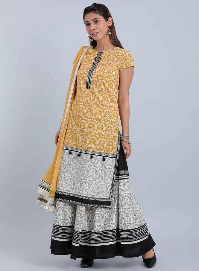 Yellow Printed Round Neck kurta - wforwoman