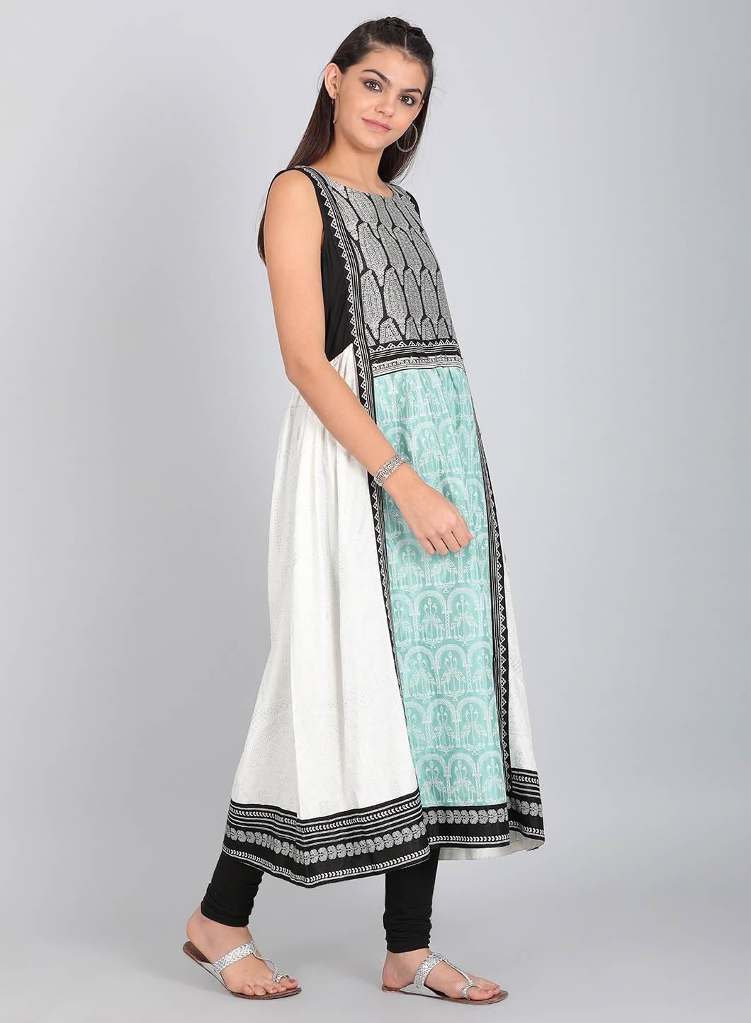 Black Printed Round Neck kurta - wforwoman