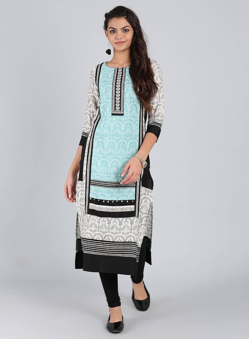 White & Blue Round Neck Printed kurta - wforwoman