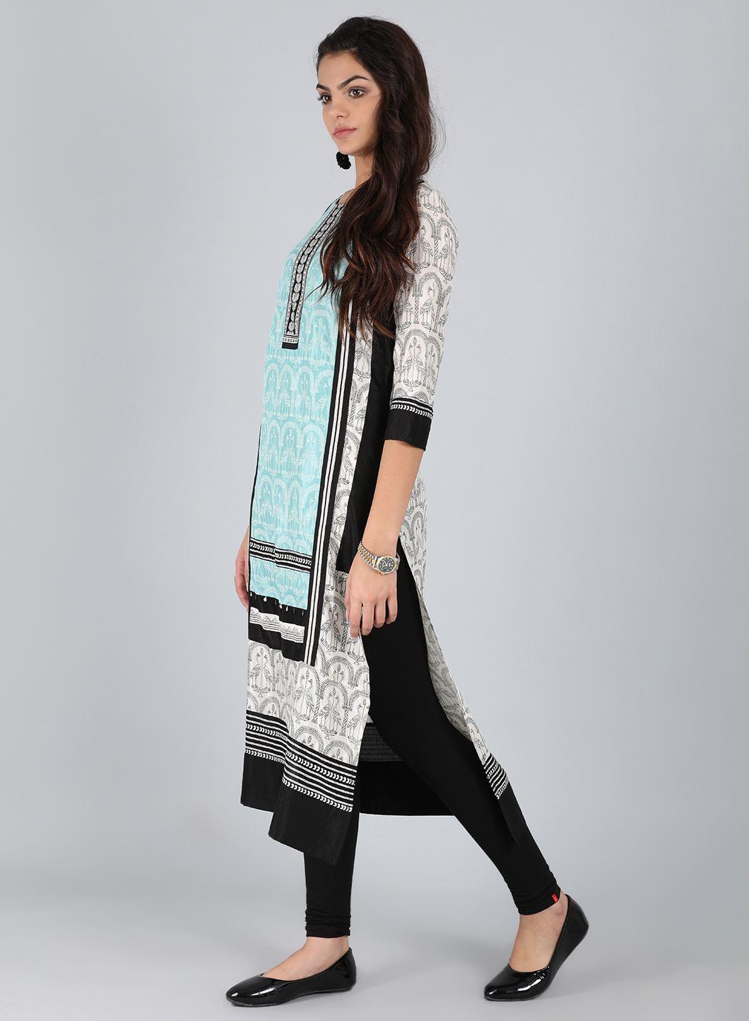 White & Blue Round Neck Printed kurta - wforwoman