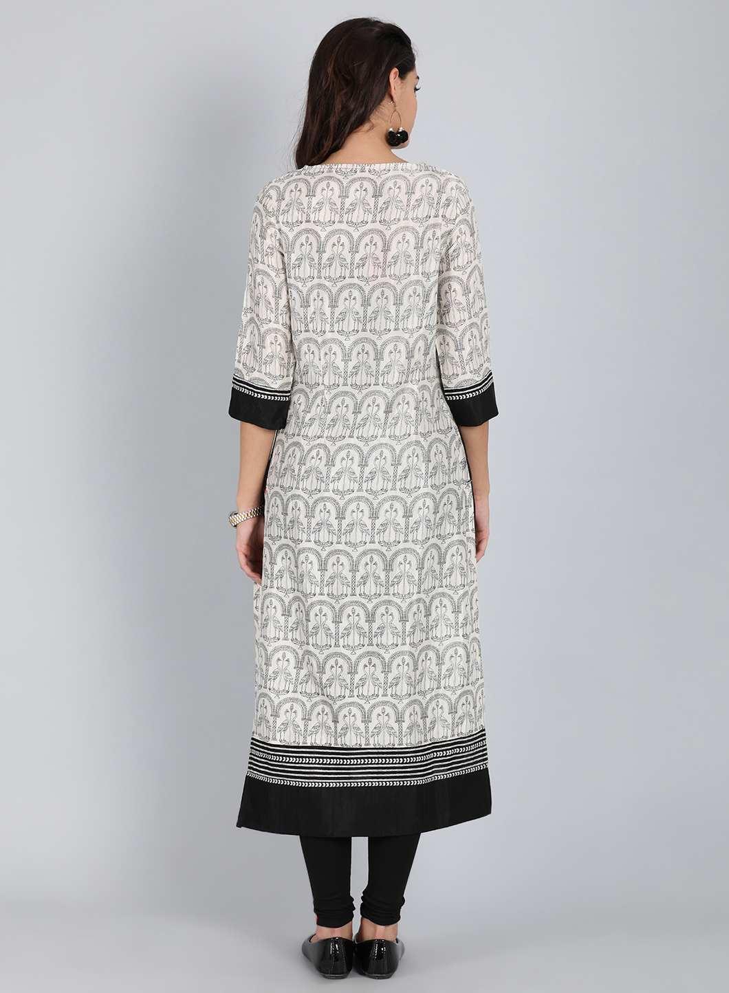 White & Blue Round Neck Printed kurta - wforwoman