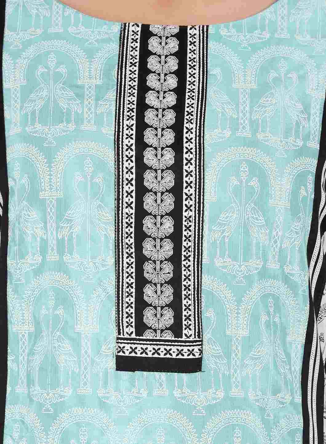 White & Blue Round Neck Printed kurta - wforwoman