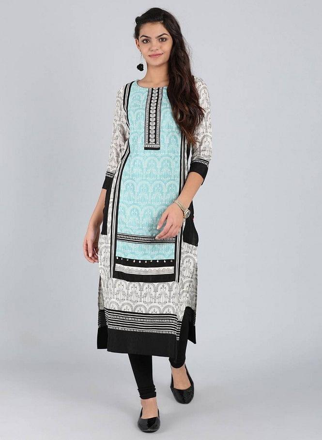 White & Blue Round Neck Printed kurta - wforwoman