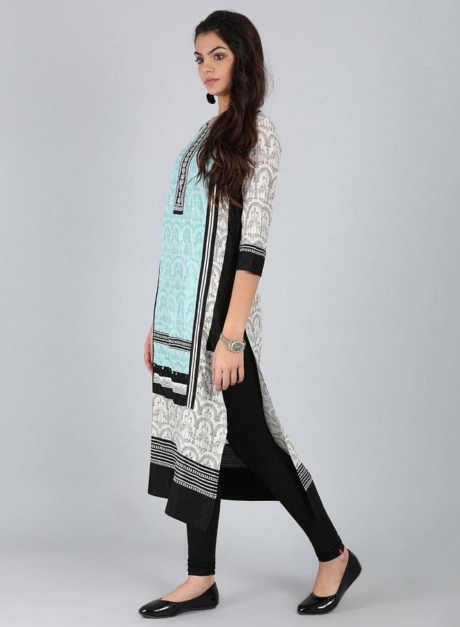 White & Blue Round Neck Printed kurta - wforwoman