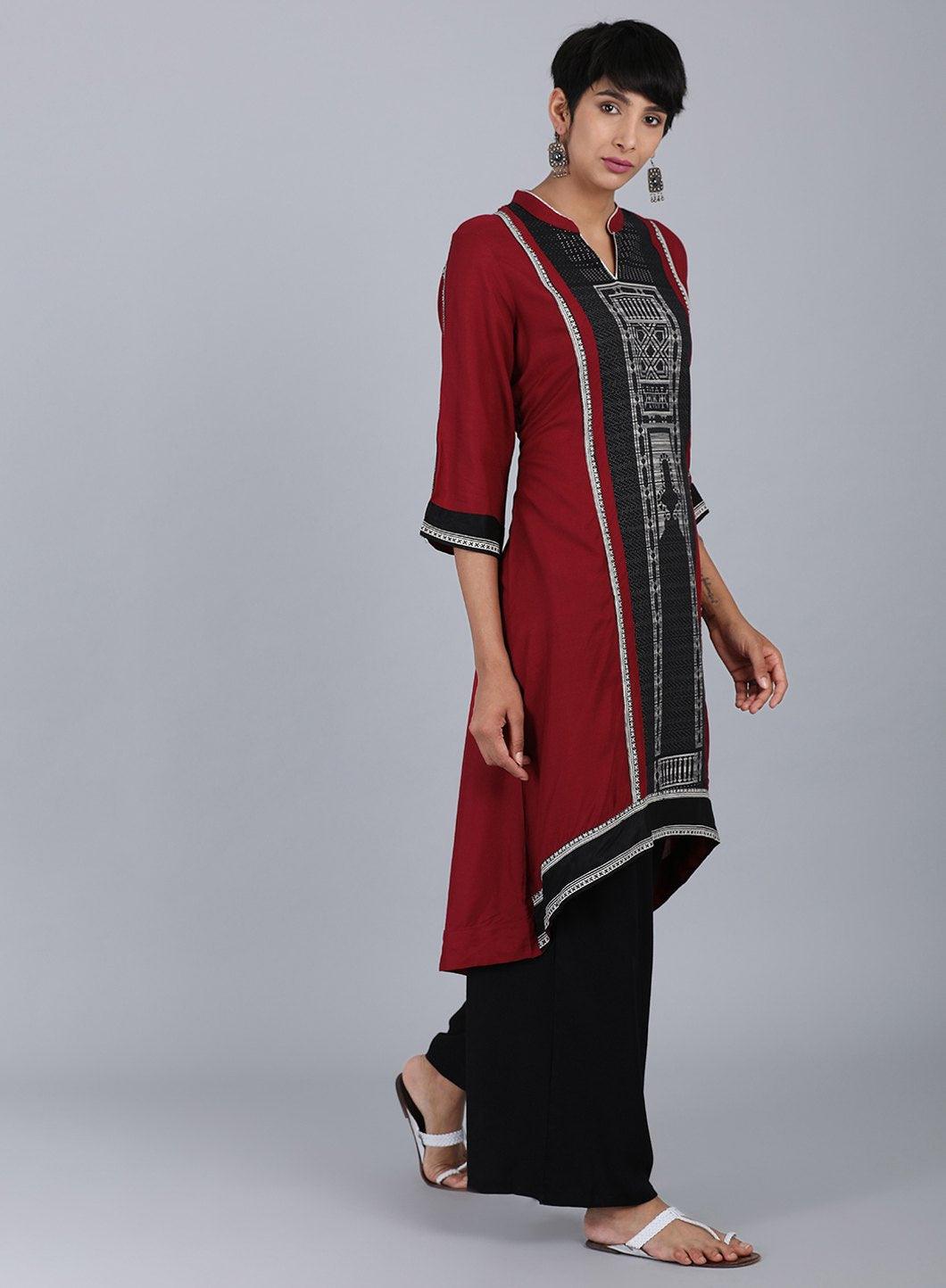 Black Mandarin Neck Printed kurta - wforwoman