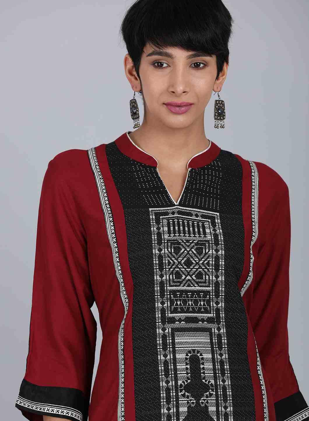 Black Mandarin Neck Printed kurta - wforwoman
