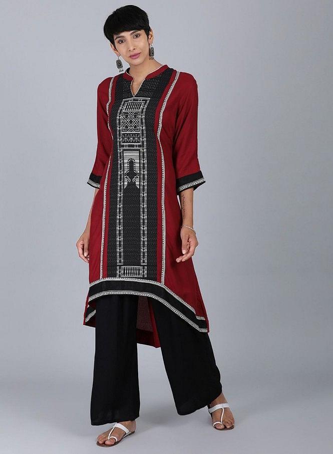 Black Mandarin Neck Printed kurta - wforwoman