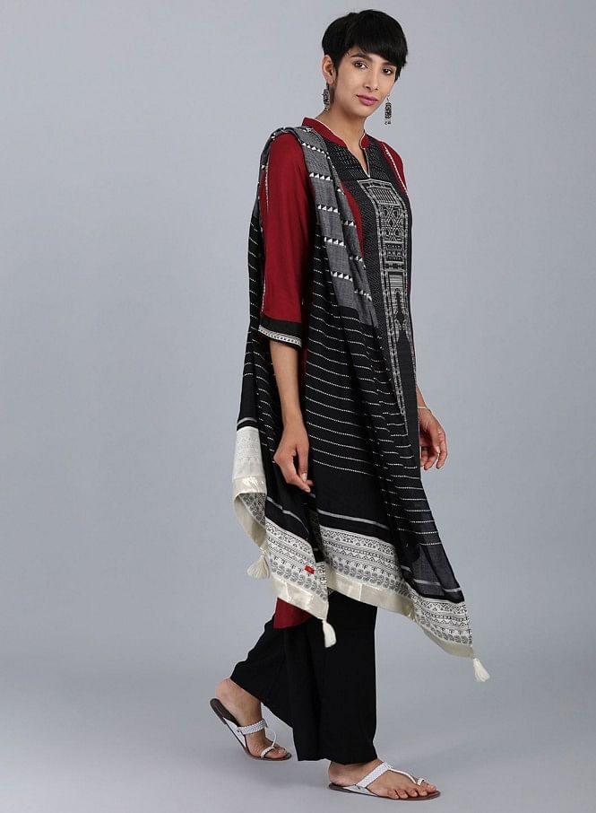Black Mandarin Neck Printed kurta - wforwoman