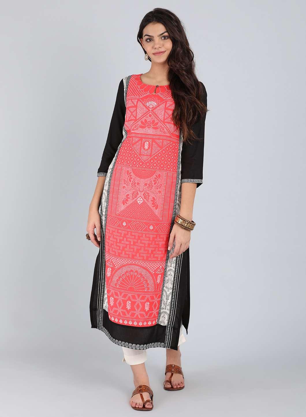 Black & Coral Traditional Print kurta - wforwoman