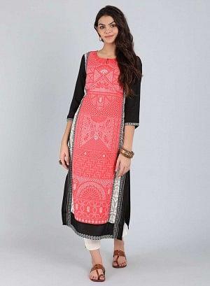 Black & Coral Traditional Print kurta - wforwoman