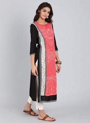 Black & Coral Traditional Print kurta - wforwoman