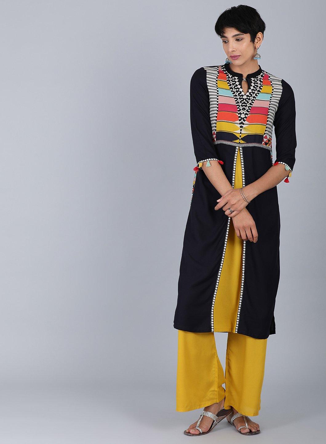 Black Mandarin Neck Solid kurta - wforwoman