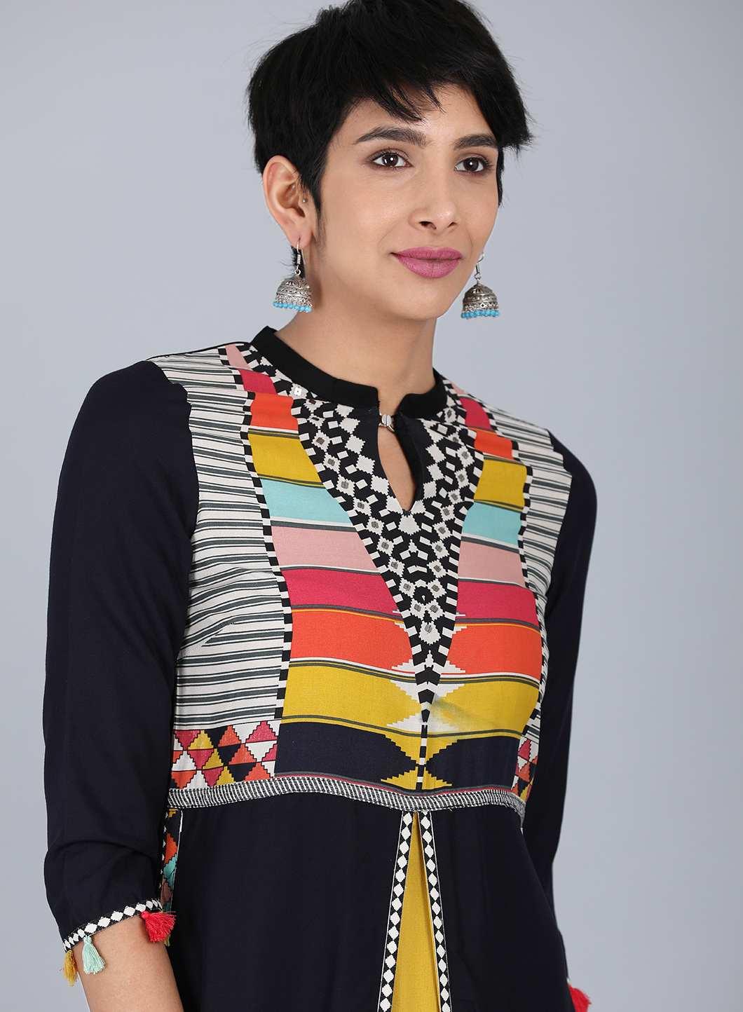 Black Mandarin Neck Solid kurta - wforwoman