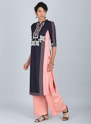 Blue & Peach Mandarin Neck kurta - wforwoman