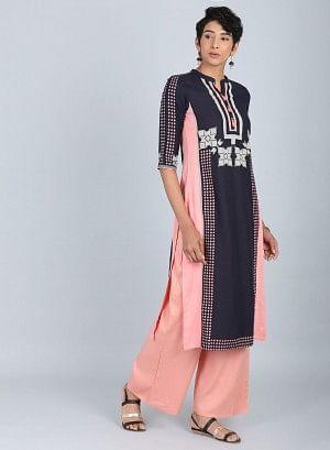 Blue & Peach Mandarin Neck kurta - wforwoman