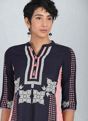 Blue & Peach Mandarin Neck kurta - wforwoman