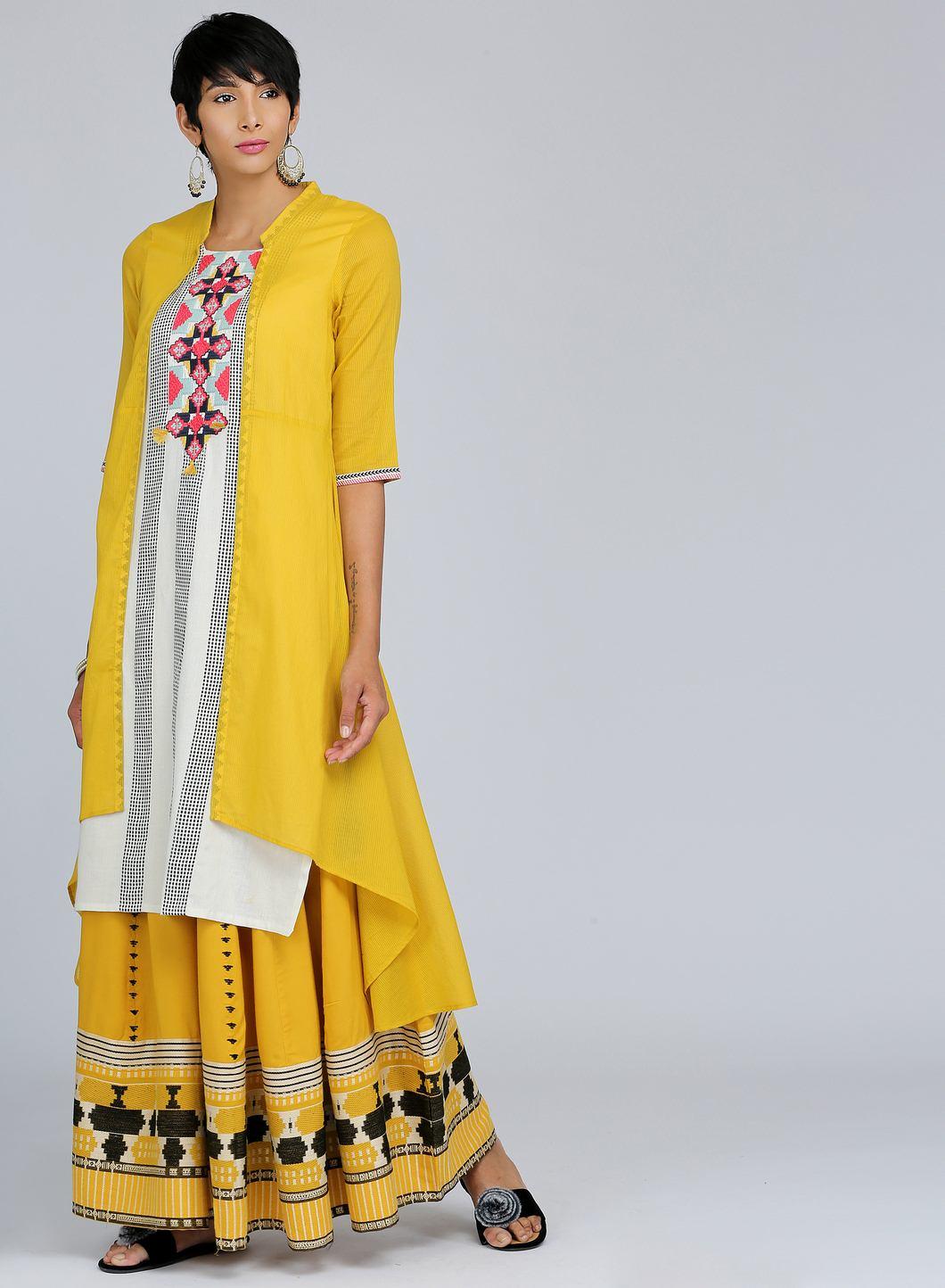 Yellow Mandarin Neck Printed kurta - wforwoman