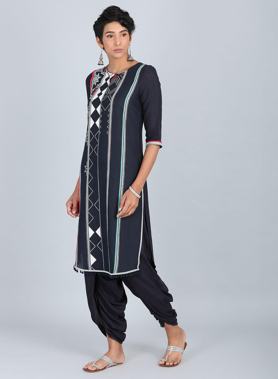 Blue Round Neck Printed kurta - wforwoman