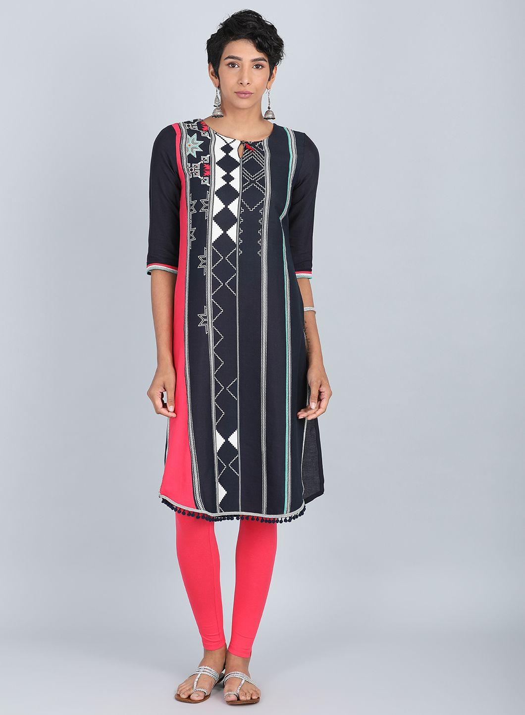 Blue Round Neck Printed kurta - wforwoman