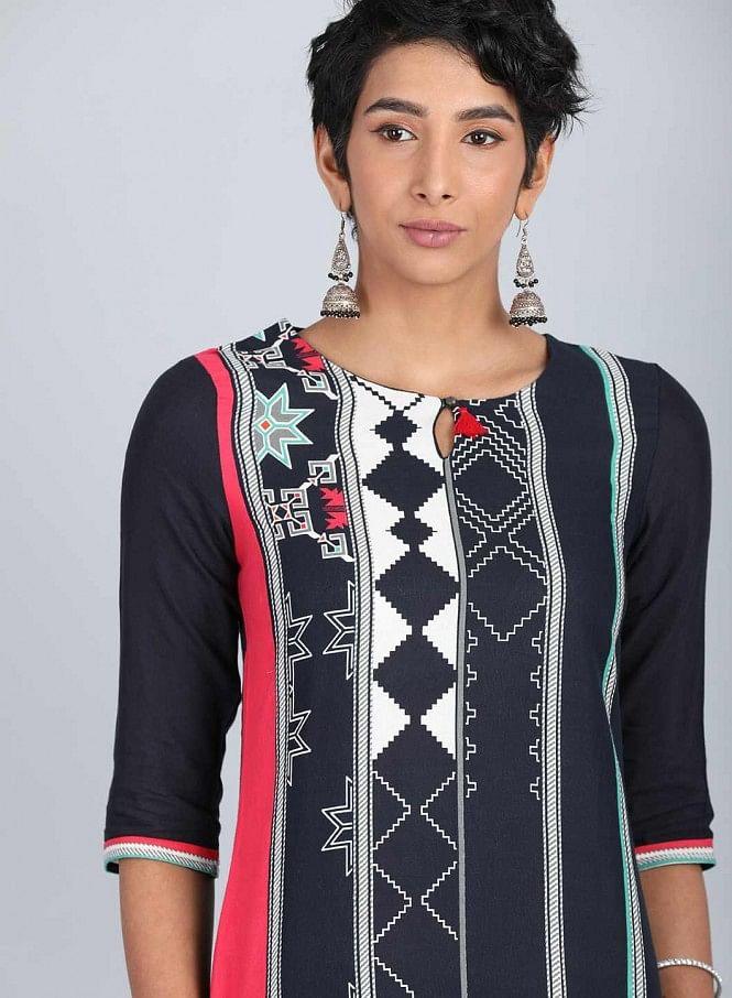 Blue Round Neck Printed kurta - wforwoman