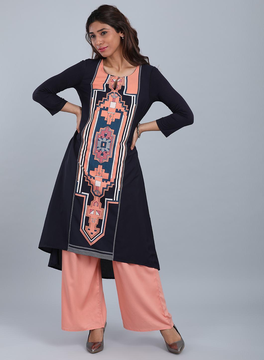 Blue & Peach Round Neck Printed kurta - wforwoman