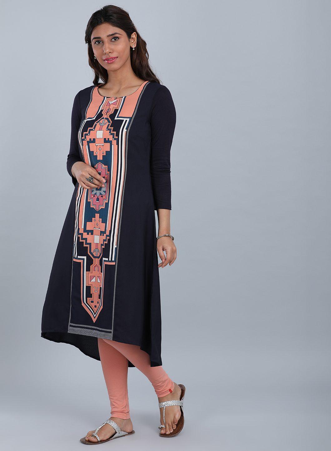 Blue & Peach Round Neck Printed kurta - wforwoman