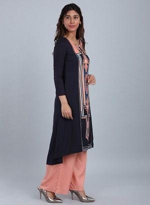 Blue & Peach Round Neck Printed kurta - wforwoman