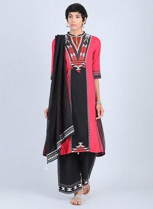 Red Mandarin Neck A-Line kurta - wforwoman