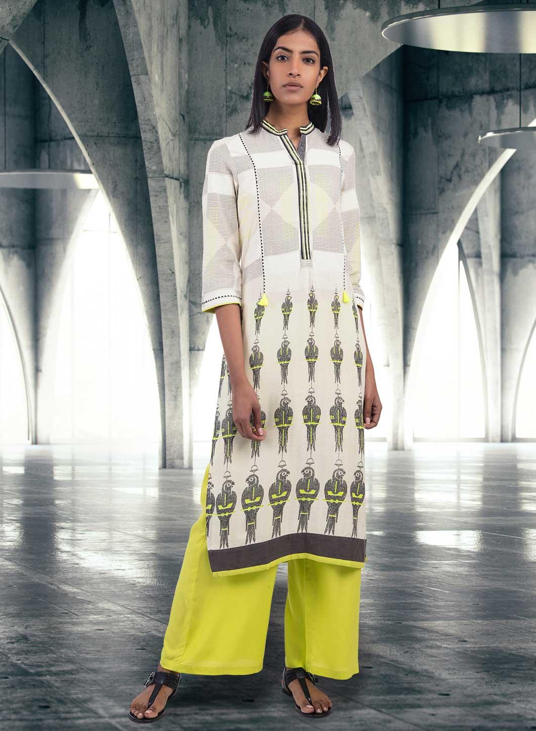 Off-White Mandarin Neck Parrot Print kurta - wforwoman