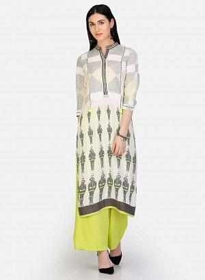 Off-White Mandarin Neck Parrot Print kurta - wforwoman
