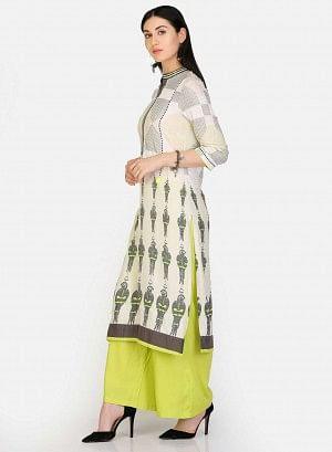 Off-White Mandarin Neck Parrot Print kurta - wforwoman