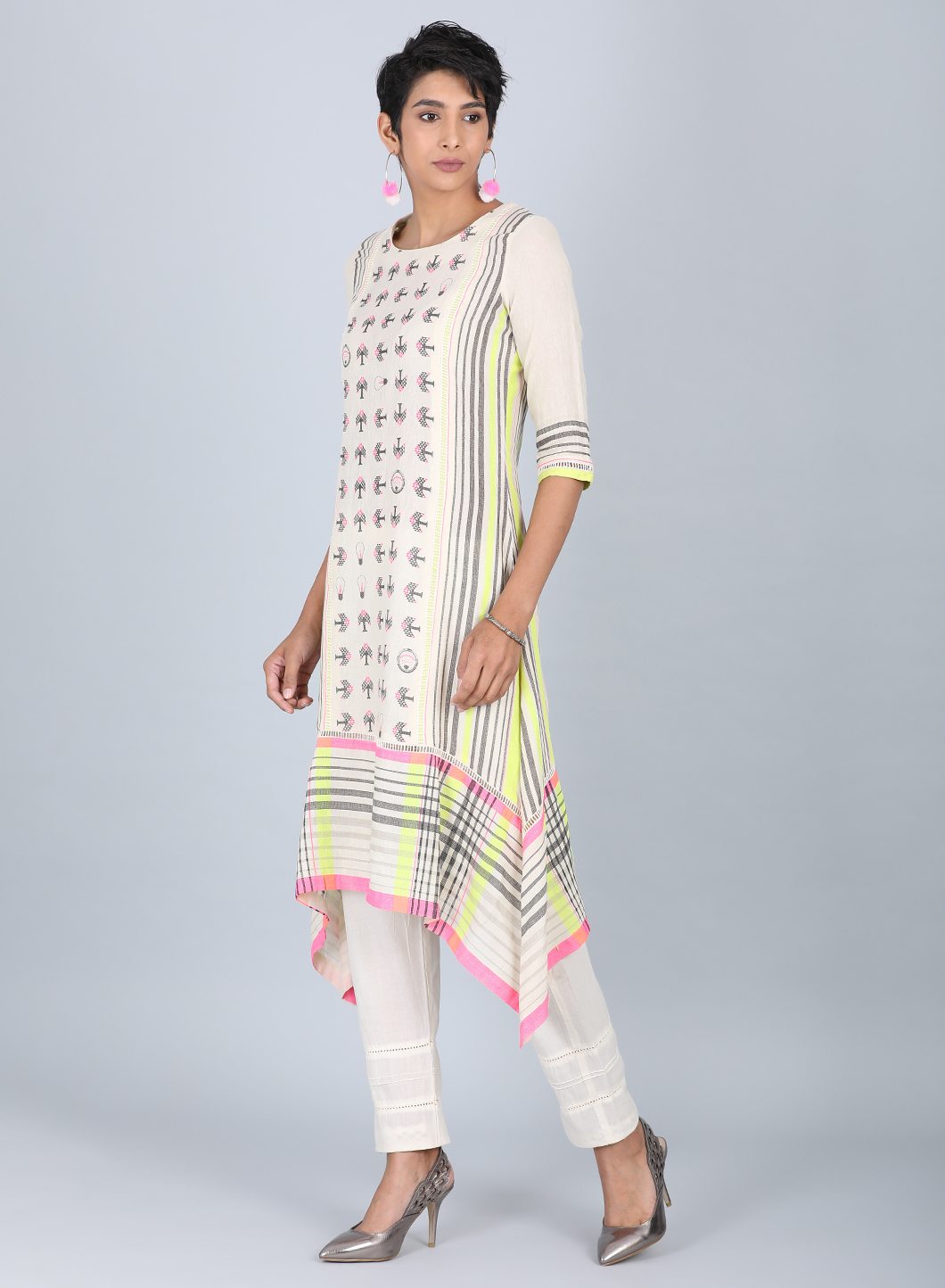 Grey Round Neck Printed kurta