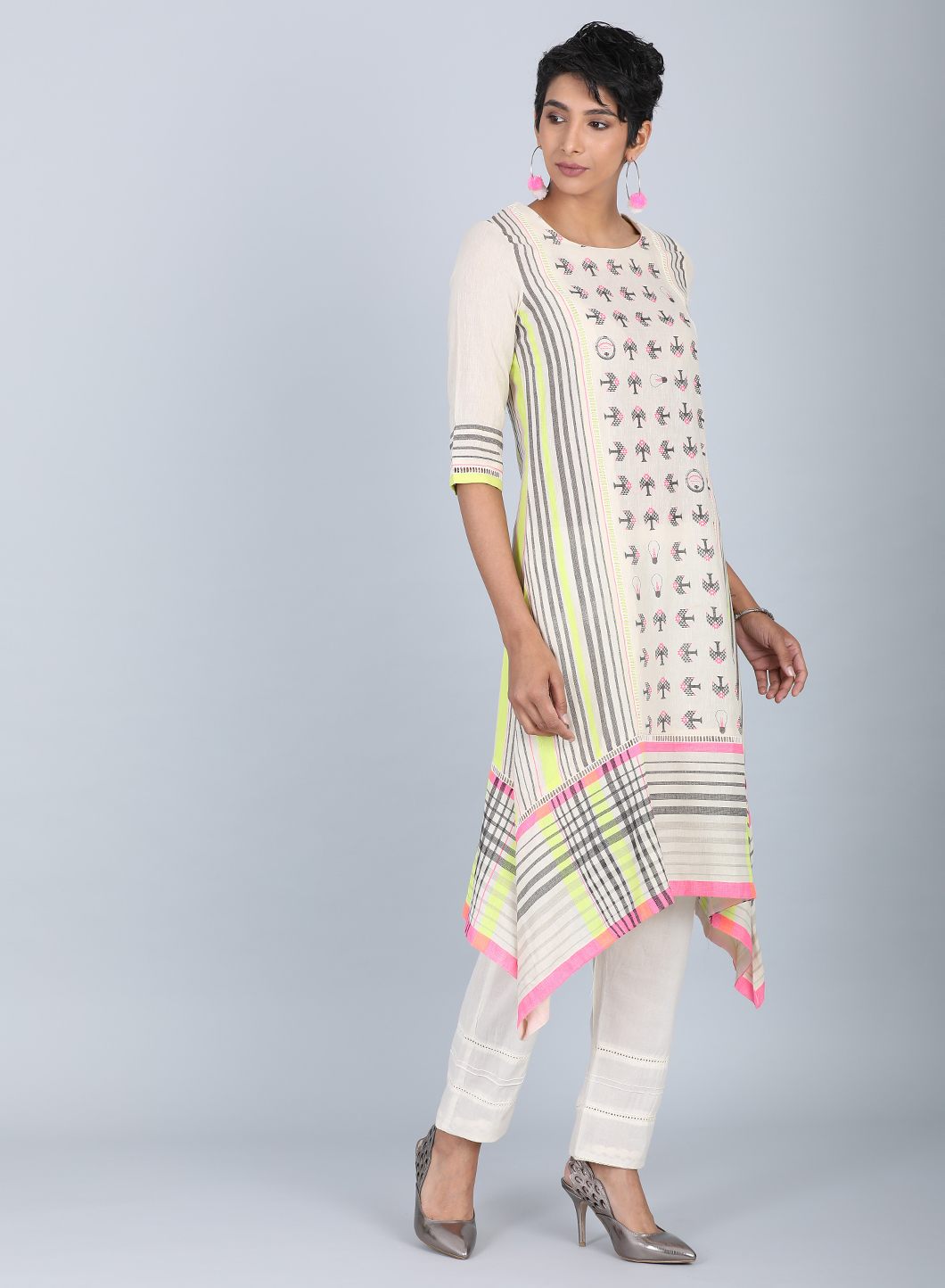 Grey Round Neck Printed kurta