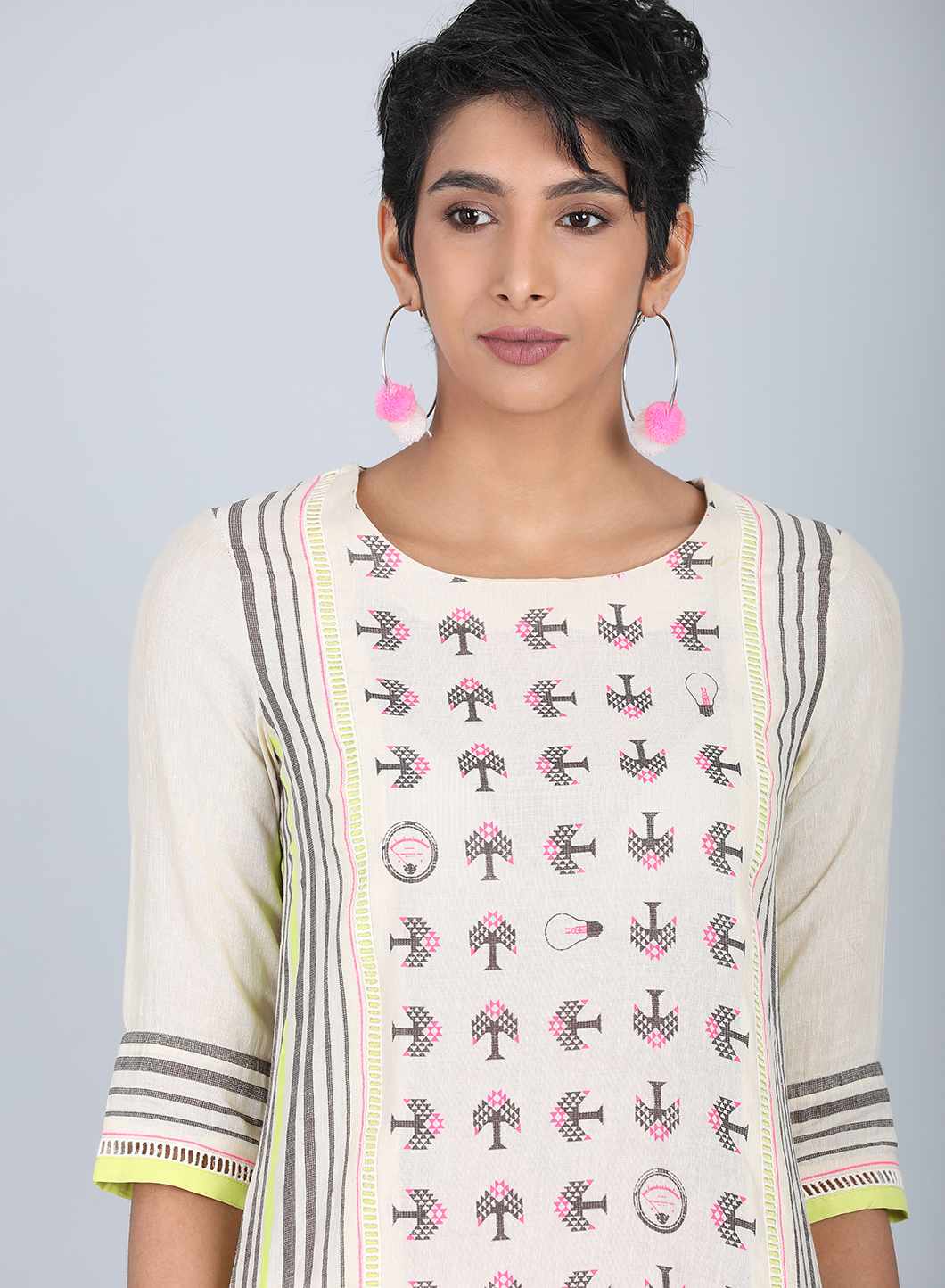 Grey Round Neck Printed kurta