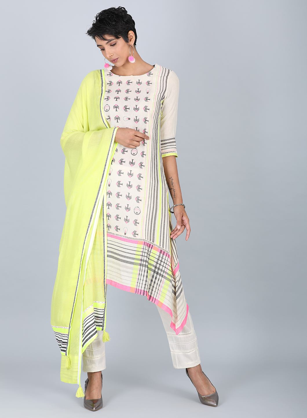 Grey Round Neck Printed kurta