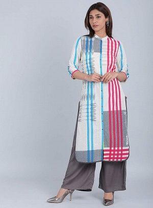 White & Blue Striped Mandarin Neck kurta - wforwoman