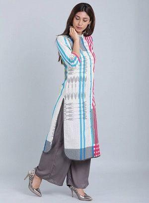 White & Blue Striped Mandarin Neck kurta - wforwoman