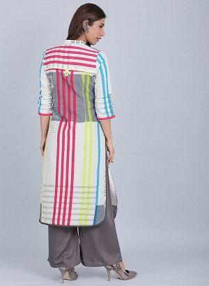 White & Blue Striped Mandarin Neck kurta - wforwoman