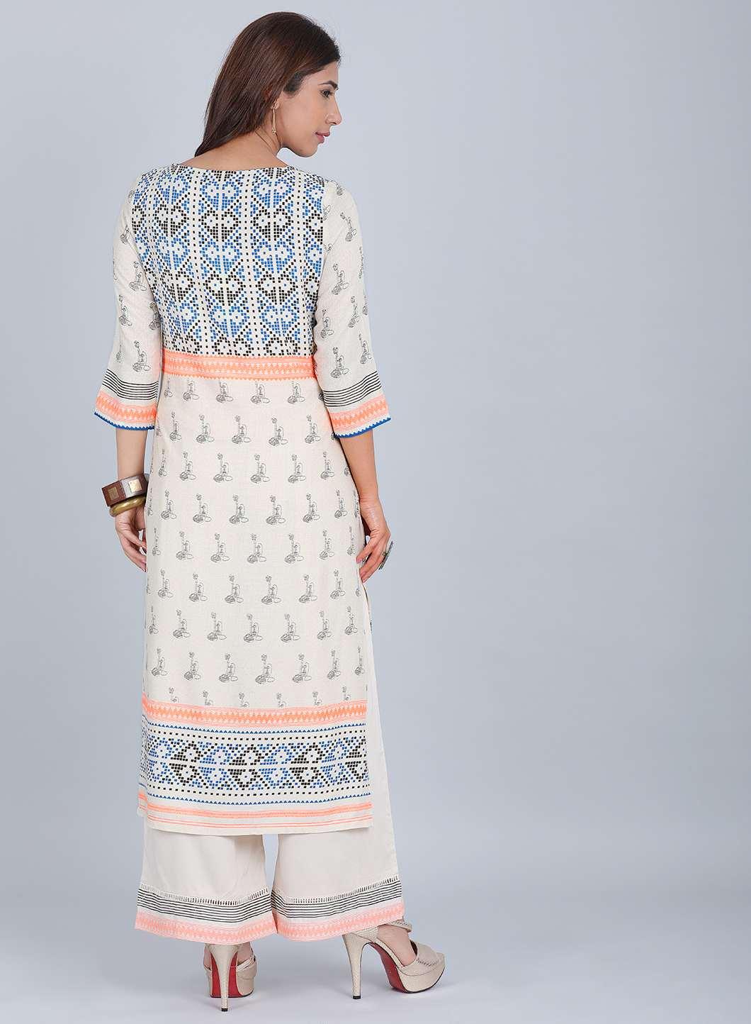 Off-White & Orange Printed kurta - wforwoman
